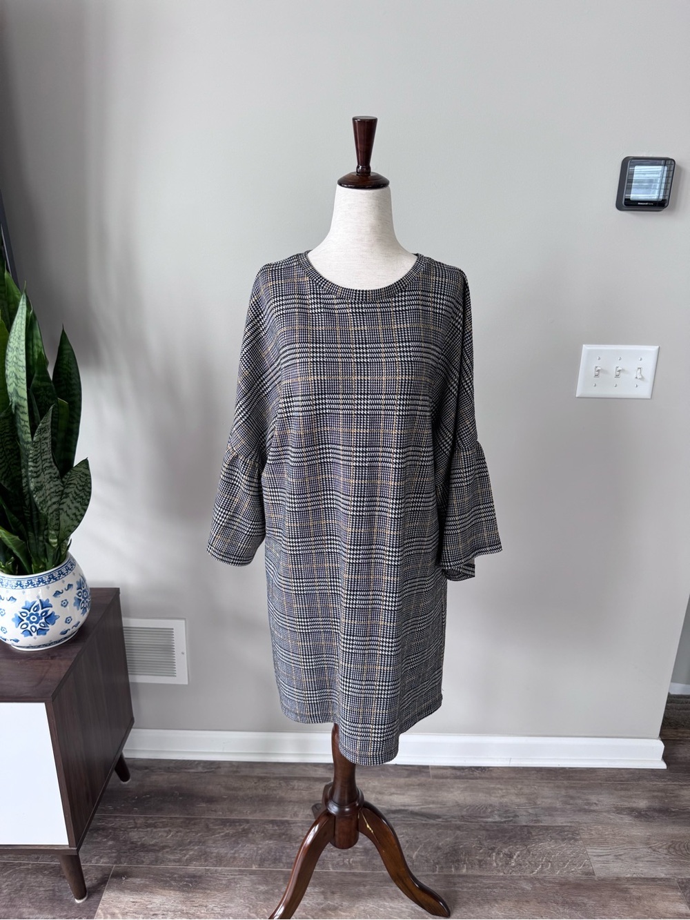 Zara Plaid Shift Dress with Bell Sleeves - Gray, black, yellow Colorwave